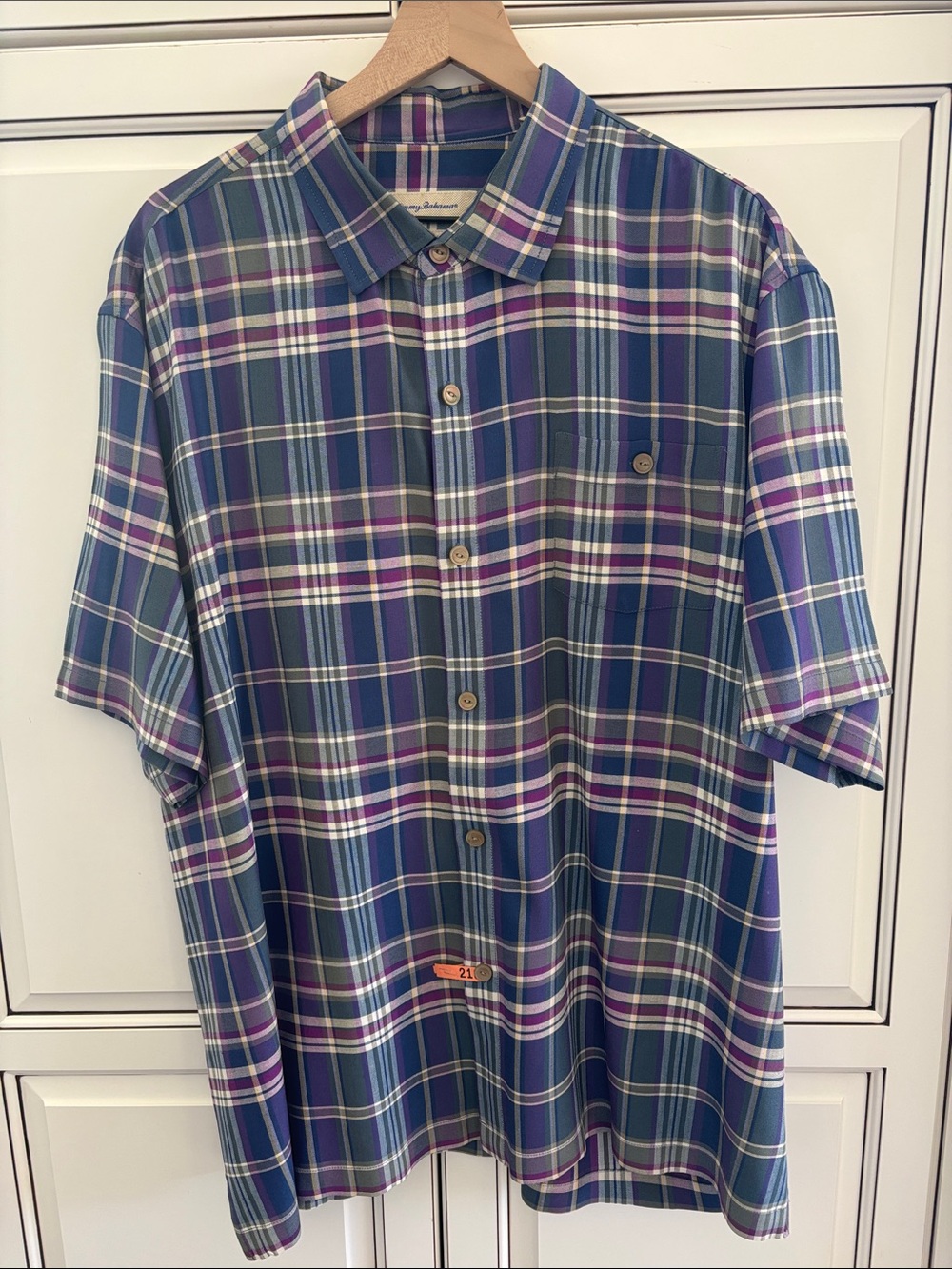 Tommy Bahama Silk Blue Plaid Short Sleeve Shirt Original Fit Travel Work Men XXL